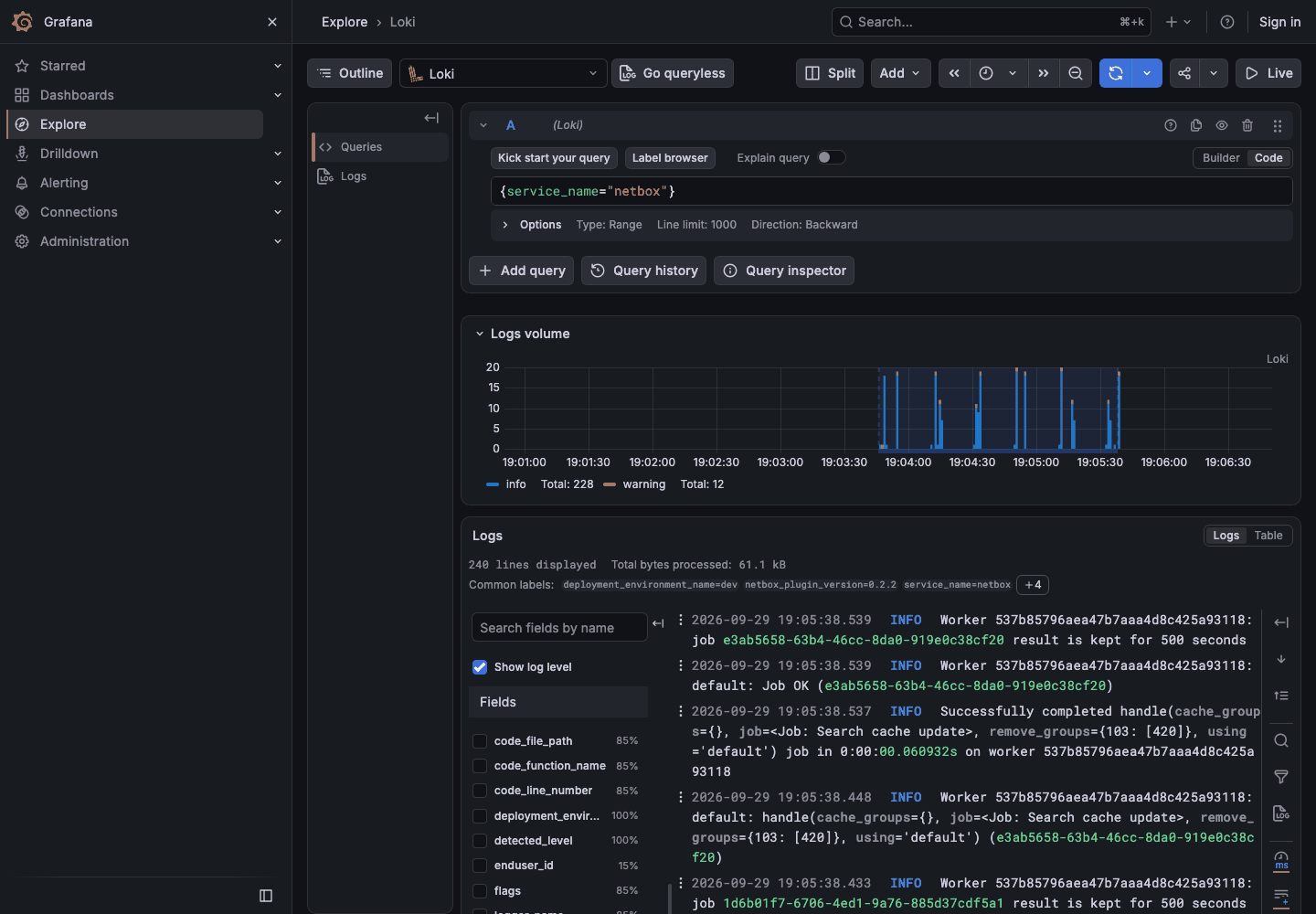 NetBox logs in Grafana Explore, Loki data source