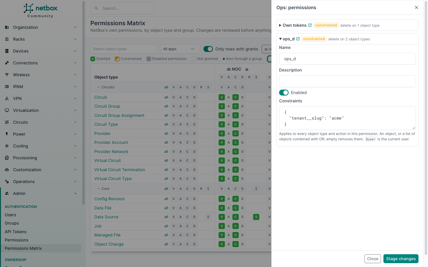 The gear panel for Ops, with constraints on ops_d